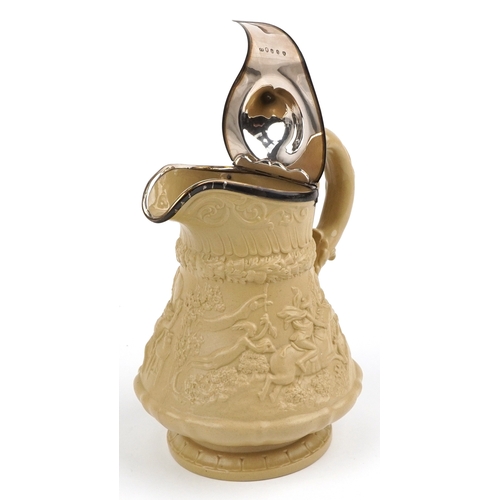 31 - W Ridgway & Co., a Victorian jug relief moulded with figures in a tavern and a cavalier on horseback... 