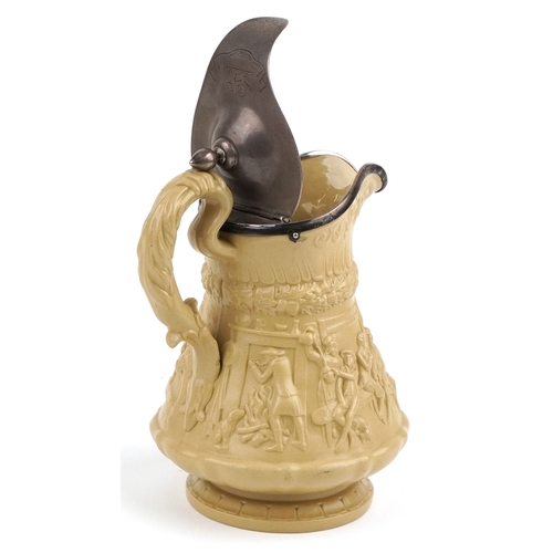 31 - W Ridgway & Co., a Victorian jug relief moulded with figures in a tavern and a cavalier on horseback... 