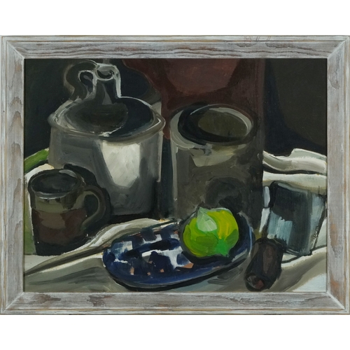 Still life objects on a table, 20th century British school oil on board ...