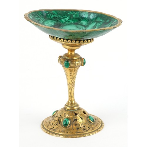 38 - An antique gilt bronze and malachite tazza pierced with scrolling foliage and set with malachite cab... 