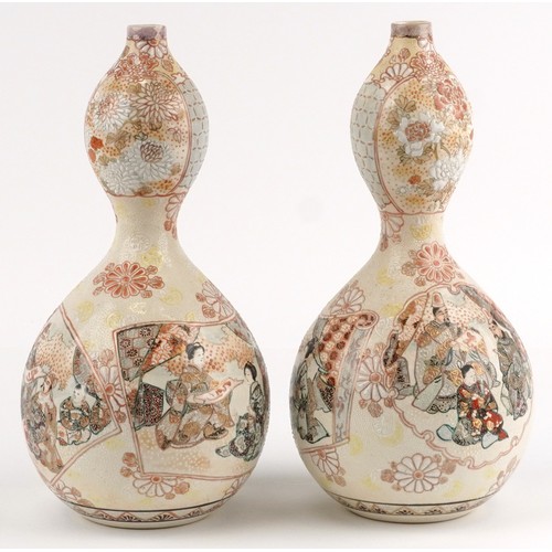 56 - A pair of Japanese Satsuma double gourd vases with hand painted cartouches of emperors, Geishas and ... 