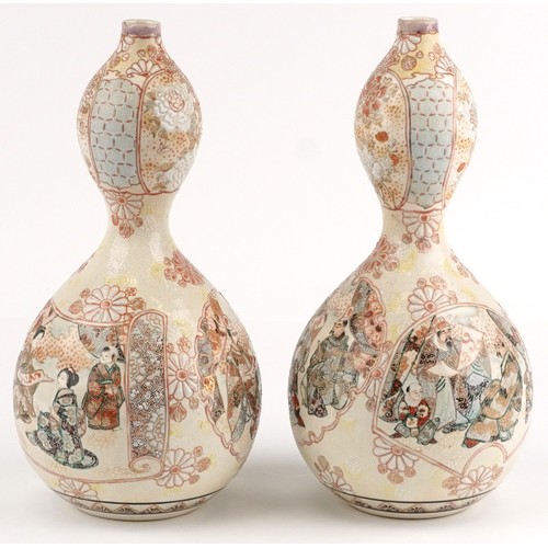 56 - A pair of Japanese Satsuma double gourd vases with hand painted cartouches of emperors, Geishas and ... 