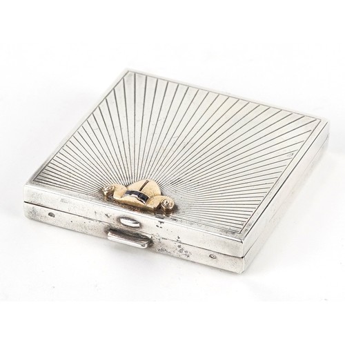 A Chinese export Art Deco sterling silver compact set with sapphires, 6.5cm wide, 110.1g.
