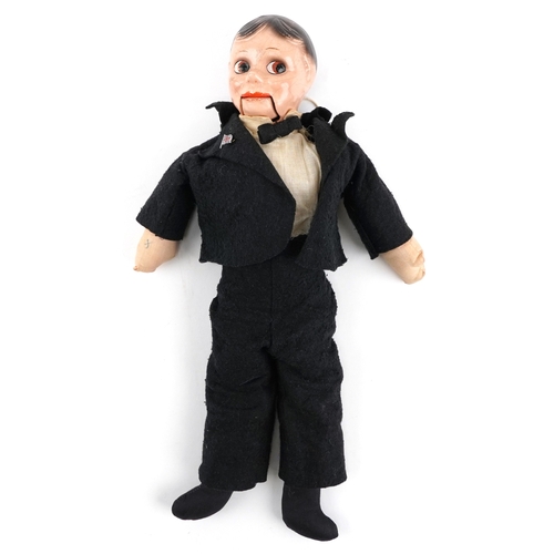 Vintage composite ventriloquist's doll having moving mouth and straw filled body, 46cm high.