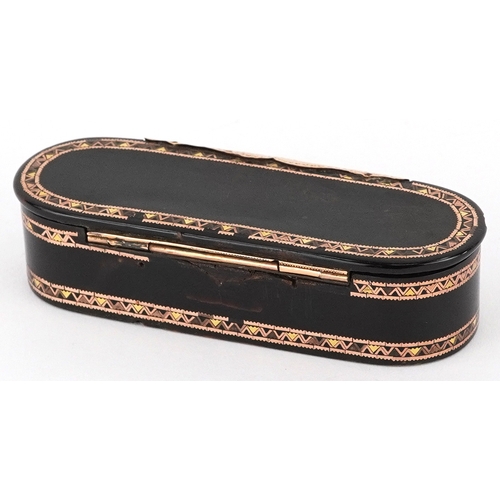  Antique tortoiseshell and gold piqué work snuff box, 10cm wide.