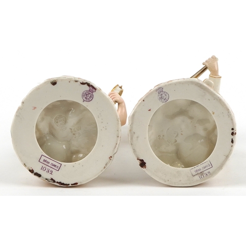  James Hadley for Royal Worcester, pair of 19th century porcelain spill vases modelled as musicians, ... 