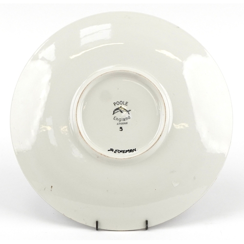  Poole pottery Aegean charger decorated with a bird, signed D Foreman, 35cm in diameter.