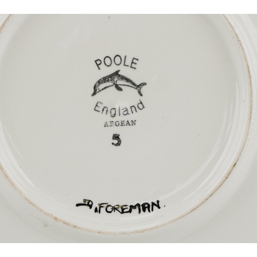  Poole pottery Aegean charger decorated with a bird, signed D Foreman, 35cm in diameter.