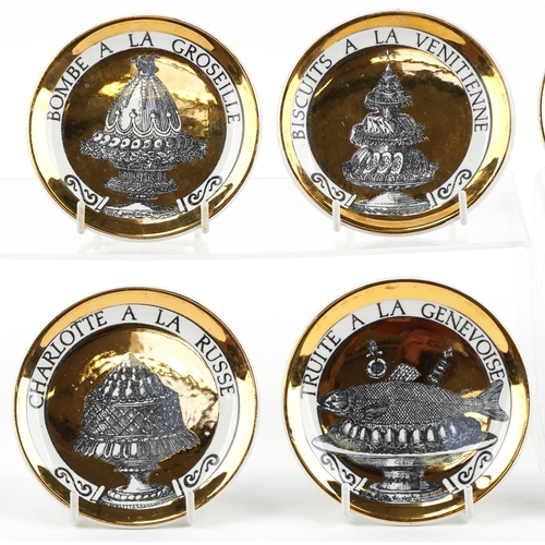  Fornasetti, set of eight Italian porcelain coasters from the Pranzo Alle Otto Series, 10cm in diamet... 