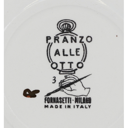  Fornasetti, set of eight Italian porcelain coasters from the Pranzo Alle Otto Series, 10cm in diamet... 