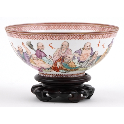  Chinese porcelain footed bowl hand painted in the famille rose palette with an emperor and attendant... 