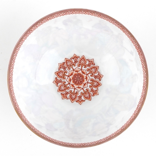  Chinese porcelain footed bowl hand painted in the famille rose palette with an emperor and attendant... 