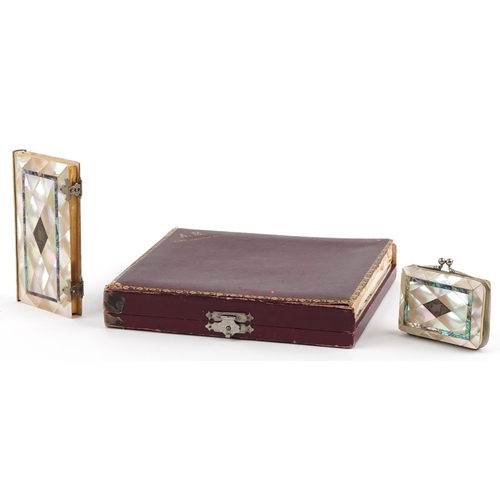  Antique Italian mother of pearl and abalone communion set comprising a Missal/prayer book titled Pat... 