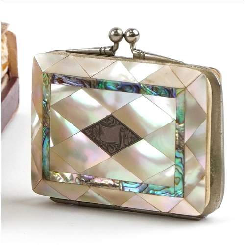  Antique Italian mother of pearl and abalone communion set comprising a Missal/prayer book titled Pat... 