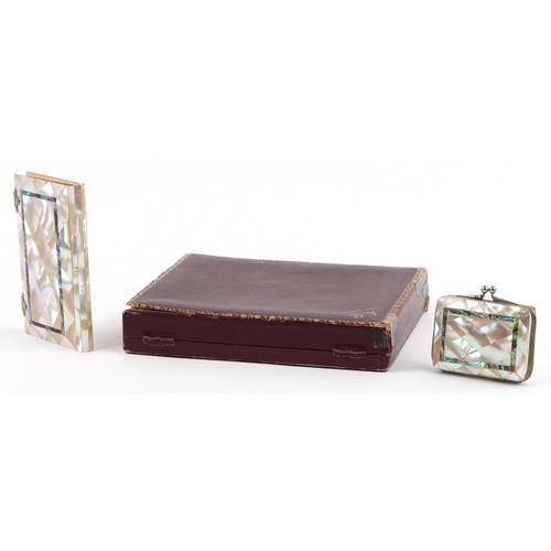  Antique Italian mother of pearl and abalone communion set comprising a Missal/prayer book titled Pat... 