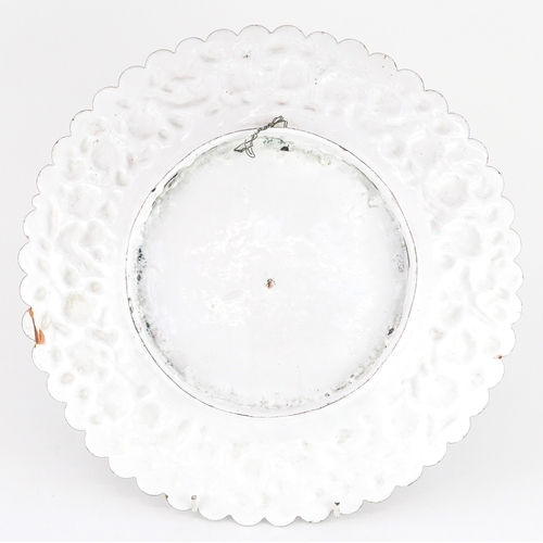  Persian minakari enamelled copper wall plate embossed with scrolling foliage and birds, the central ... 