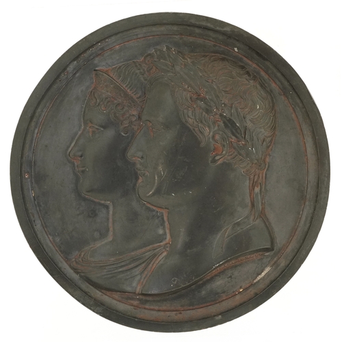  19th century lead plaque depicting Napoleon & Marie Louise, signed Andrieu Fecit, 14cm in diameter.
