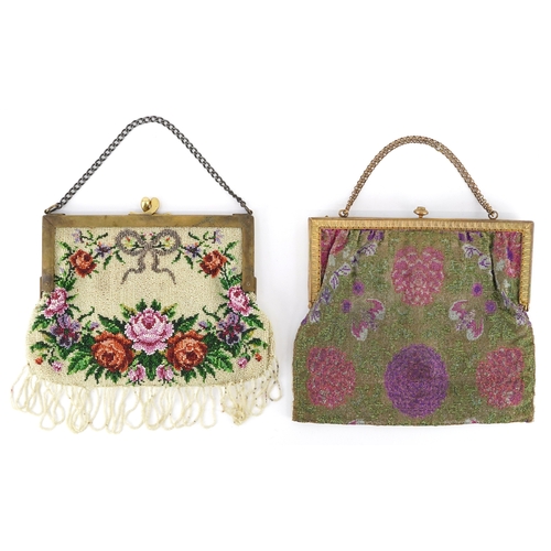  Two early 20th century micro bead purses, one decorated with enamel and multi coloured stones, the l... 