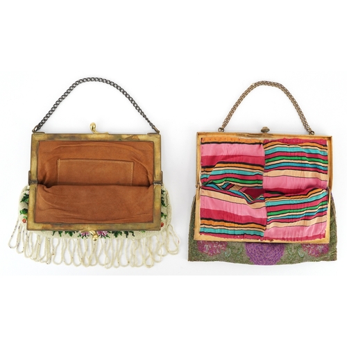  Two early 20th century micro bead purses, one decorated with enamel and multi coloured stones, the l... 