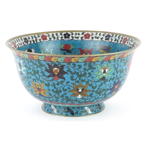  Chinese cloisonné bowl decorated with scrolling foliage and flower heads, 26cm in diameter.