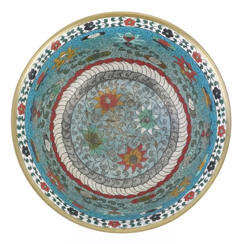  Chinese cloisonné bowl decorated with scrolling foliage and flower heads, 26cm in diameter.