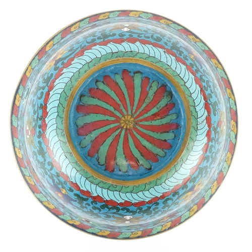  Chinese cloisonné bowl decorated with scrolling foliage and flower heads, 26cm in diameter.