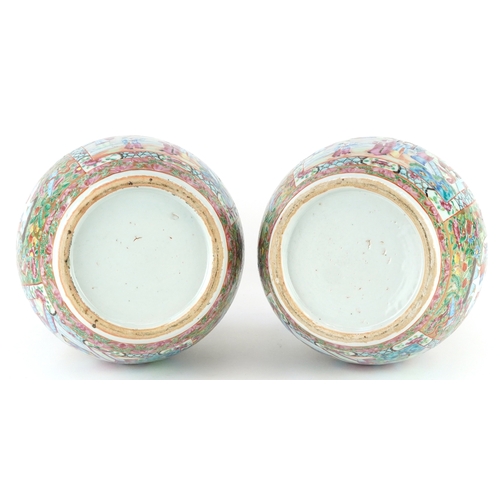  Pair of Chinese Canton porcelain vases hand painted in the famille rose palette with an emperor and ... 