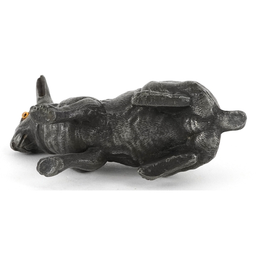  Antique pewter pounce pot in the form of a hare with glass eyes, 12cm wide.