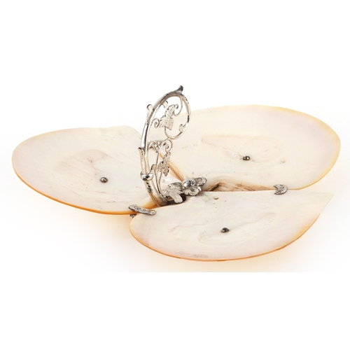 37 - Mother of pearl and silver plated three section serving dish, the handle cast with leaves and berrie... 