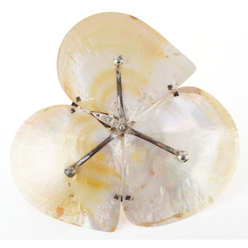 37 - Mother of pearl and silver plated three section serving dish, the handle cast with leaves and berrie... 