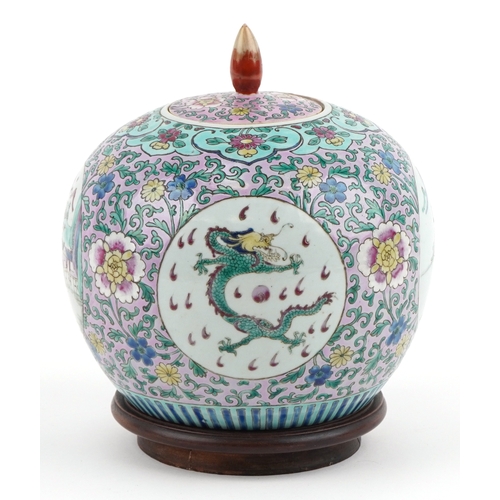 56 - Chinese porcelain jar and cover hand painted in the famille rose palette with cartouches of dragons ... 