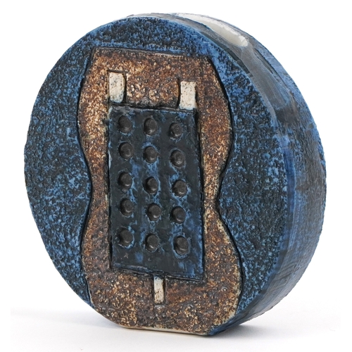  Troika pottery wheel vase hand painted and incised with abstract design, 12cm in diameter.