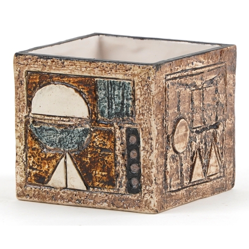  Troika pottery square vase hand painted and incised with abstract designs, 9cm high x 9.5cm wide.