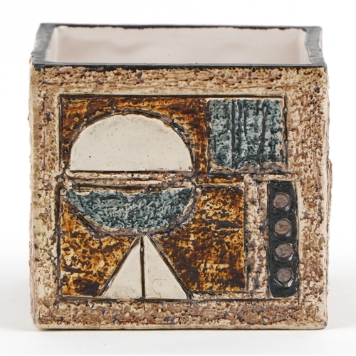  Troika pottery square vase hand painted and incised with abstract designs, 9cm high x 9.5cm wide.