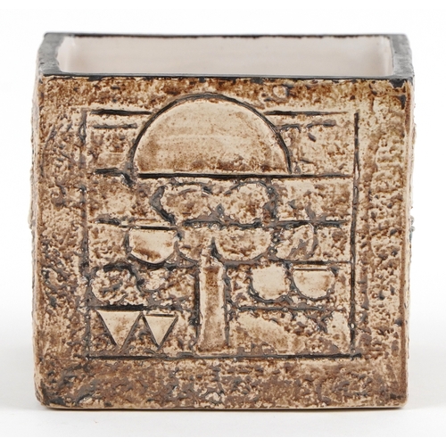  Troika pottery square vase hand painted and incised with abstract designs, 9cm high x 9.5cm wide.