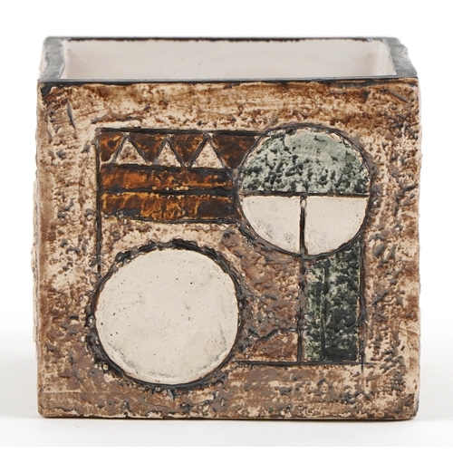  Troika pottery square vase hand painted and incised with abstract designs, 9cm high x 9.5cm wide.