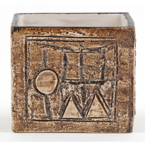  Troika pottery square vase hand painted and incised with abstract designs, 9cm high x 9.5cm wide.