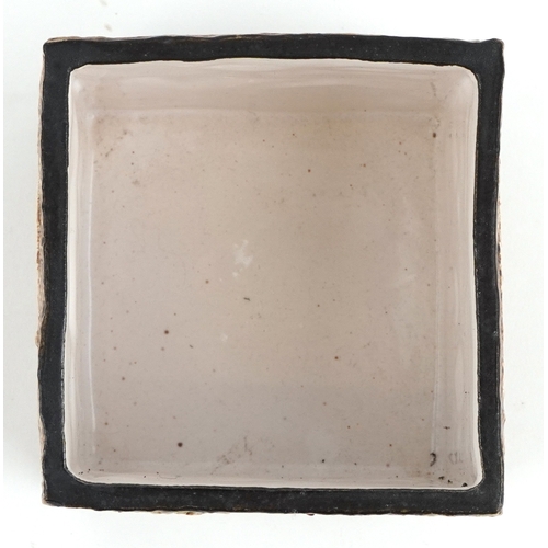  Troika pottery square vase hand painted and incised with abstract designs, 9cm high x 9.5cm wide.