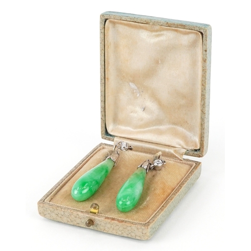 Pair of unmarked white gold diamond and green stone drop earrings ...
