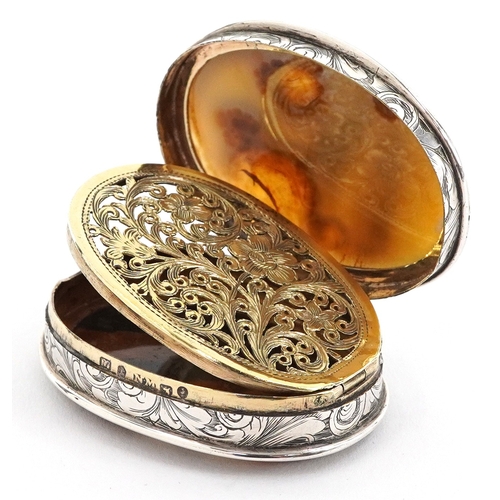  Nathaniel Mills, Victorian silver and agate vinaigrette, the gilt interior engraved and pierced with... 
