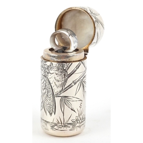  Sampson Mordan & Co, Victorian silver scent bottle with glass stopper, engraved with birds amongst f... 