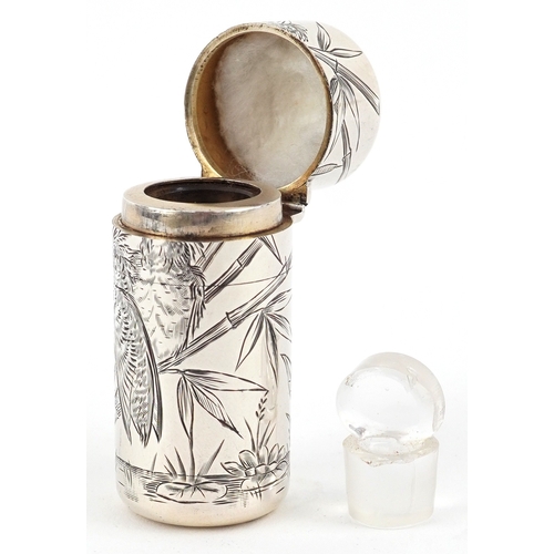  Sampson Mordan & Co, Victorian silver scent bottle with glass stopper, engraved with birds amongst f... 