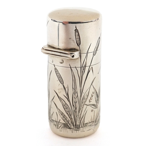  Sampson Mordan & Co, Victorian silver scent bottle with glass stopper, engraved with birds amongst f... 