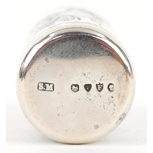  Sampson Mordan & Co, Victorian silver scent bottle with glass stopper, engraved with birds amongst f... 