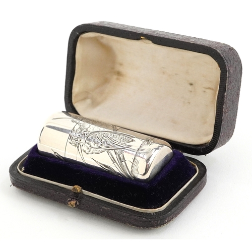  Sampson Mordan & Co, Victorian silver scent bottle with glass stopper, engraved with birds amongst f... 