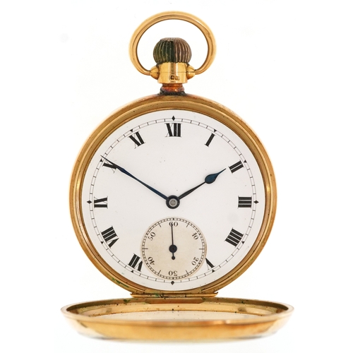  George V 18ct gold gentlemen's top wind open face pocket watch having enamelled dial with Roman nume... 