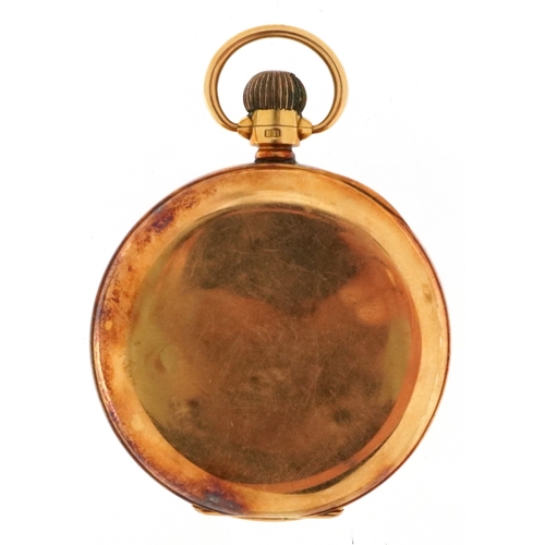  George V 18ct gold gentlemen's top wind open face pocket watch having enamelled dial with Roman nume... 