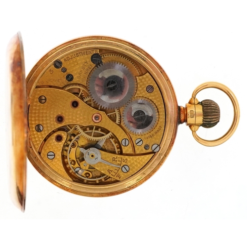  George V 18ct gold gentlemen's top wind open face pocket watch having enamelled dial with Roman nume... 