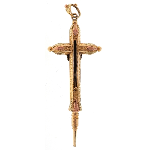  Sampson Mordan & Co., Victorian gold propelling pencil cross pendant with floral engraved decoration... 