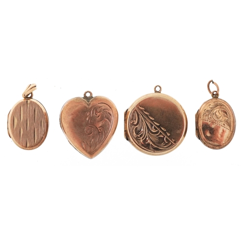 Four 9ct gold back and front lockets with engraved decoration, the ...